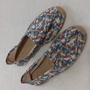 Soludos Multicolored Floral Leaf Print Canvas Jute Slip On Flat Espadrilles